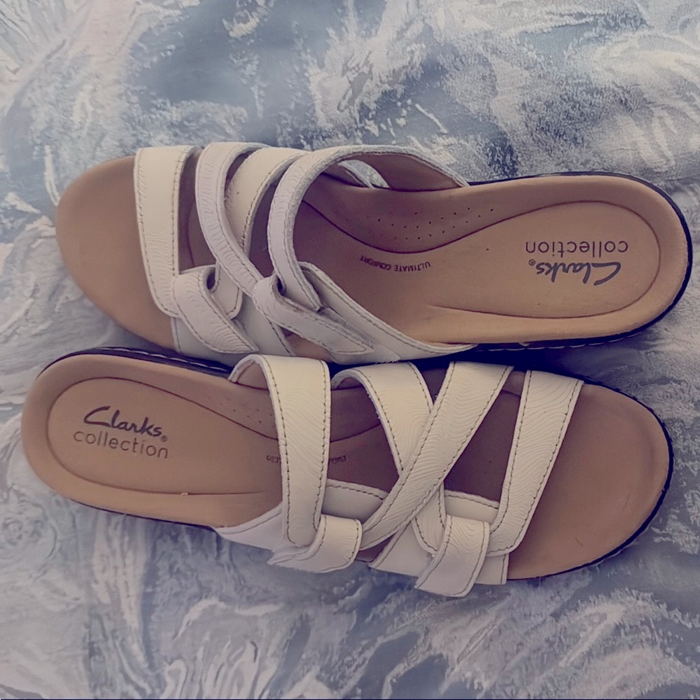 Clarks White Sandals with Strappy Design and Slip-On Comfort
